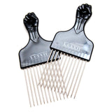 (2 Pack) 6.75" Black Fist Metal Afro Pick Lift Hair Comb Detangle Wig Braid Hair Man Styling Comb