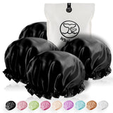 4 Piece - Satin, Double Layered, Waterproof, Reusable Xra Large Unisex Shower Cap (Black)