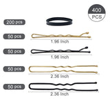 400 Piece Hair Pin & Rubber Band Kit, (Black, Gold)